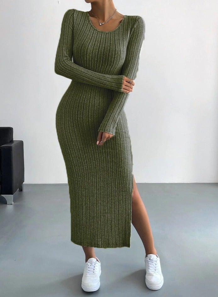 NIBEMINENT Solid Rib Knit Sweater Dress, Elegant Round Neck Long Sleeve Midi Dress, Women's Clothing  - Image 1