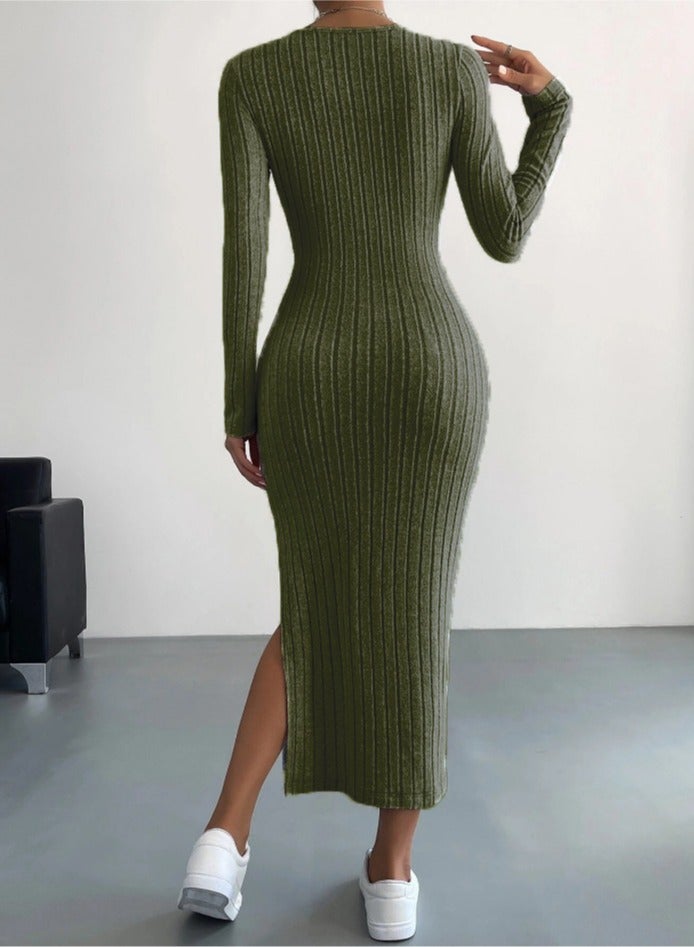 NIBEMINENT Solid Rib Knit Sweater Dress, Elegant Round Neck Long Sleeve Midi Dress, Women's Clothing  - Image 3