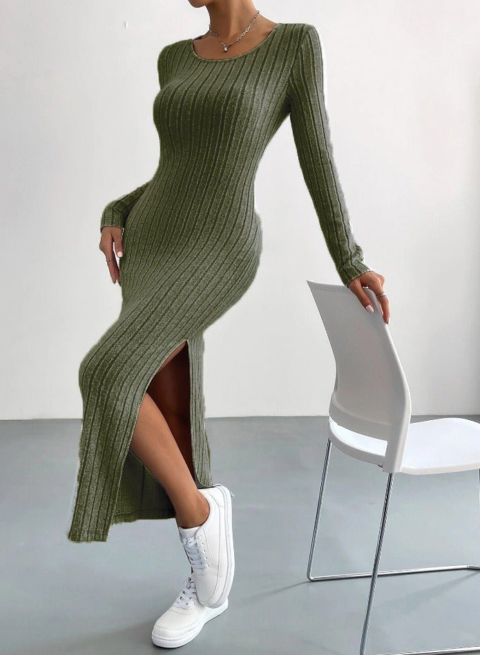 NIBEMINENT Solid Rib Knit Sweater Dress, Elegant Round Neck Long Sleeve Midi Dress, Women's Clothing  - Image 2
