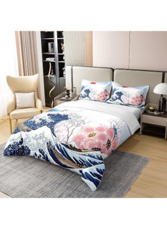 Erosebridal Erosebridal 100% Cotton Ocean Wave Duvet Cover, Japanese Style Ukiyoe Bedding Set Queen, Pink Cherry Blossoms Comforter Cover, Sea Nautical Nature Romantic Bed Sets with 2 Pillowcases  - Image 2