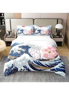 Erosebridal Erosebridal 100% Cotton Ocean Wave Duvet Cover, Japanese Style Ukiyoe Bedding Set Queen, Pink Cherry Blossoms Comforter Cover, Sea Nautical Nature Romantic Bed Sets with 2 Pillowcases  - Image 3