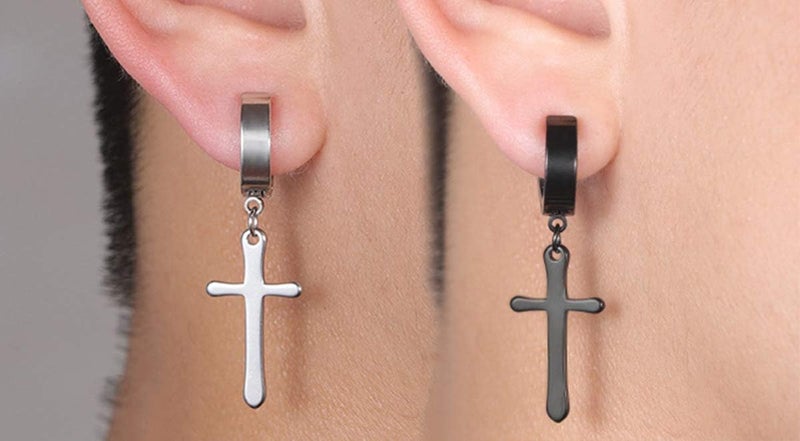 CCBFY Non-pierced Earrings Set for Men Women Cross Titanium Steel Hoop Dangle Clip On Earring - Image 2