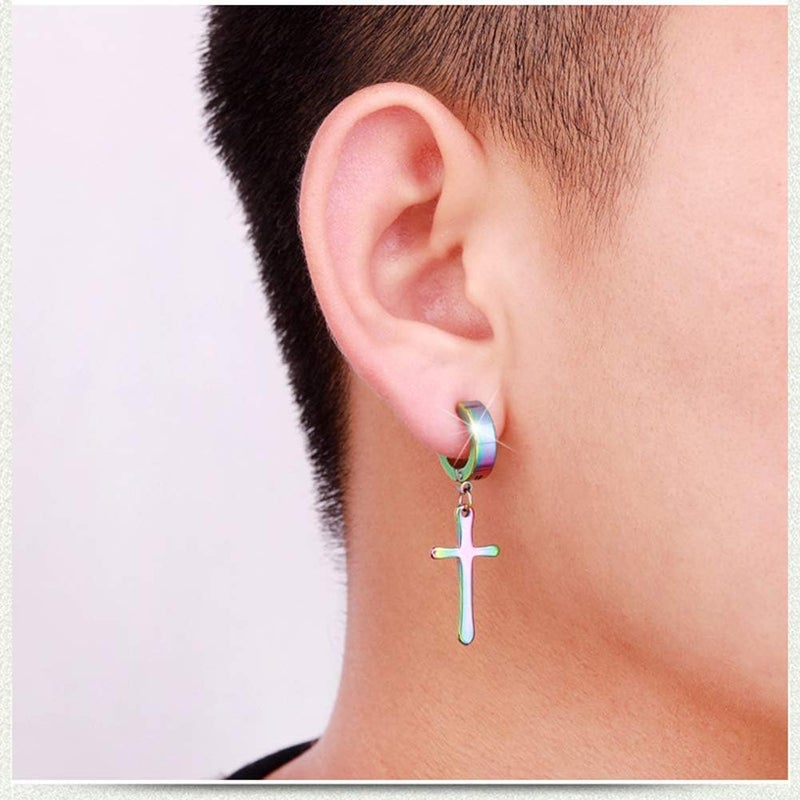 CCBFY Non-pierced Earrings Set for Men Women Cross Titanium Steel Hoop Dangle Clip On Earring - Image 3