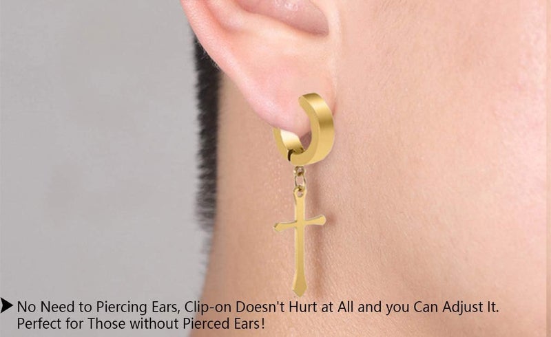 CCBFY Non-pierced Earrings Set for Men Women Cross Titanium Steel Hoop Dangle Clip On Earring - Image 1