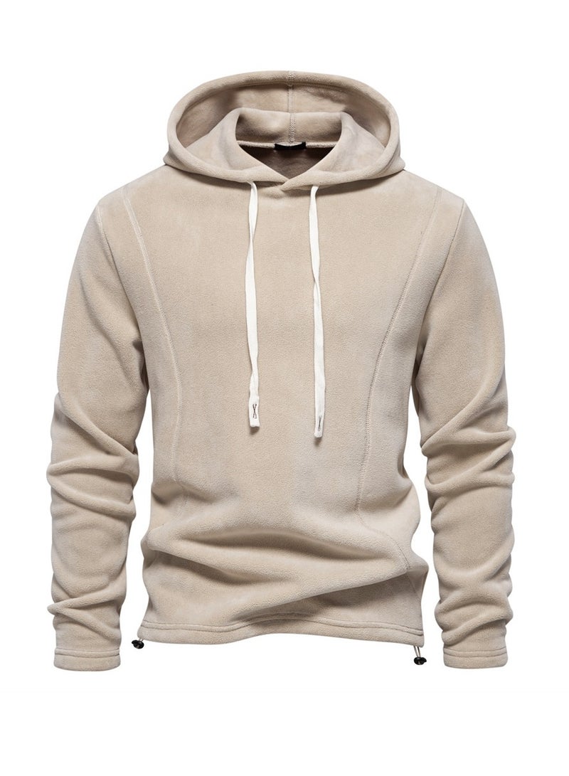 Loquat Men's Autumn And Winter Standing Collar Long Sleeved Hoodie Fleece Top Light Khaki Color  - Image 1