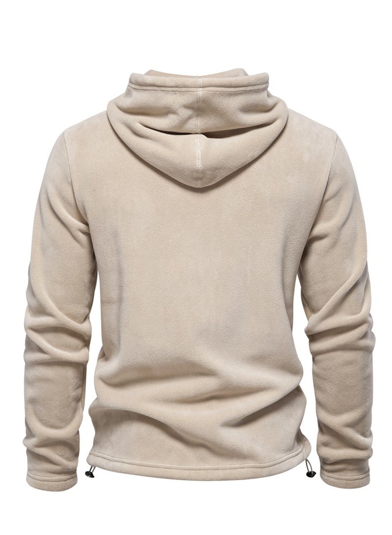 Loquat Men's Autumn And Winter Standing Collar Long Sleeved Hoodie Fleece Top Light Khaki Color  - Image 2