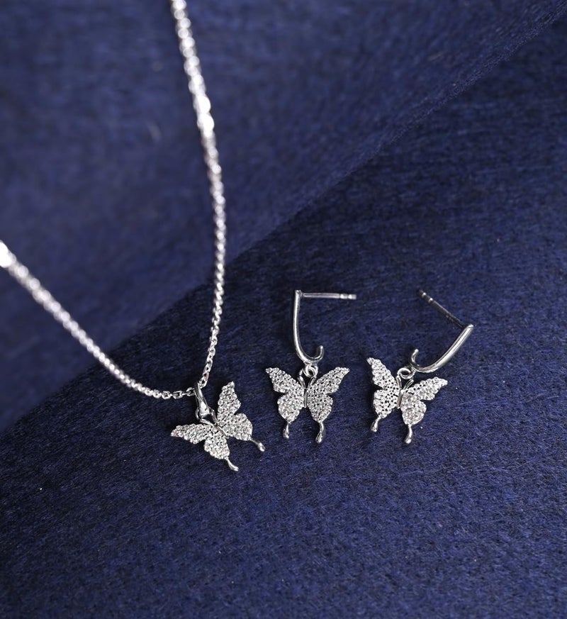 Clara 925 Sterling Silver Fia Butterfly Pendant Earrings Chain Necklace Jewellery Set | Platinum Plated, Swiss Zirconia | Gift for Women and Girls - Image 2