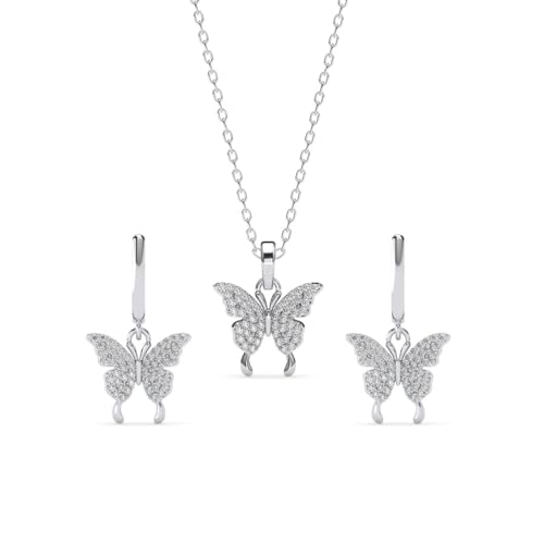 Clara 925 Sterling Silver Fia Butterfly Pendant Earrings Chain Necklace Jewellery Set | Platinum Plated, Swiss Zirconia | Gift for Women and Girls - Image 1
