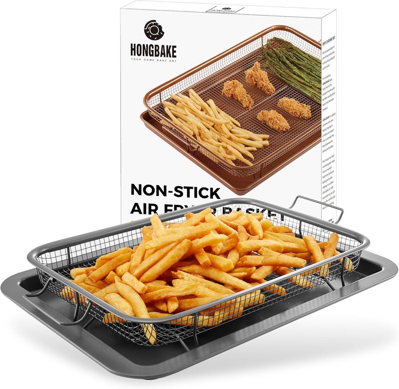 HONGBAKE Air Fryer Basket for Oven, Air Fry Crisper Tray with Baking Pan, Air Fryer Oven Basket, 2 Pieces, 12.8 X 9.6 inch，Gray - Image 1