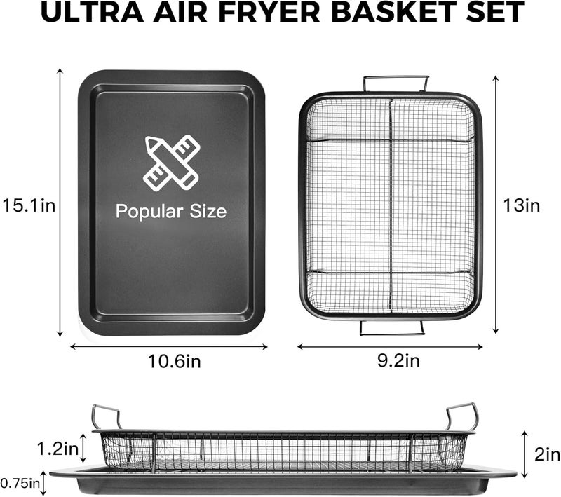 HONGBAKE Air Fryer Basket for Oven, Air Fry Crisper Tray with Baking Pan, Air Fryer Oven Basket, 2 Pieces, 12.8 X 9.6 inch，Gray - Image 3