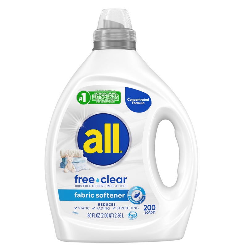 all free clear, Original, Liquid Fabric Softener for Sensitive Skin, Unscented and Hypoallergenic, Concentrated, 80oz, 200 Loads - Image 1