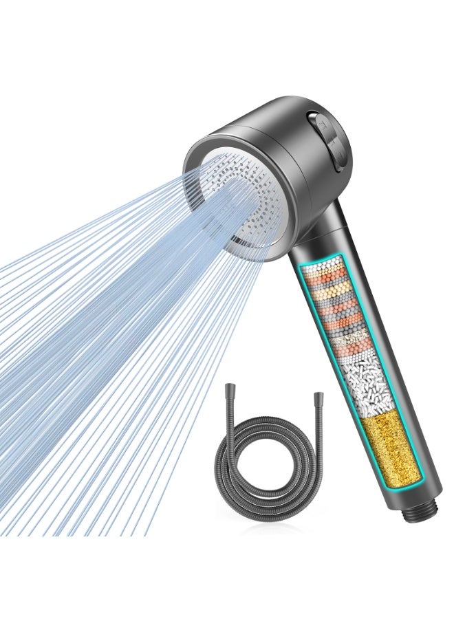 FEELSO Hard Water Filter Shower Head with 3 Modes, 15 Layers Filtration Water Saving High Pressure Shower Heads and 1.5m Hose, Massage Shower Filter for Residual Chlorine Remove Grey - Image 1