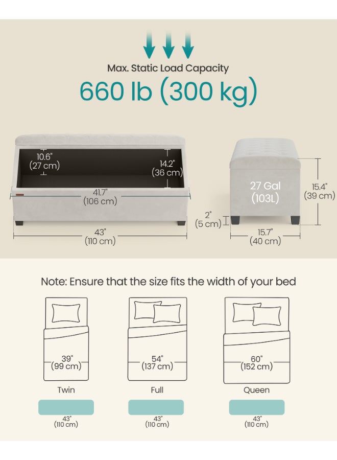SONGMICS Stool with Storage Space, Bench with Legs, 40 x 110 x 40 cm Footstool, Storage Box, Maximum Load 300 kg, for Living Room, Bedroom, Hallway, Cream White - Image 5
