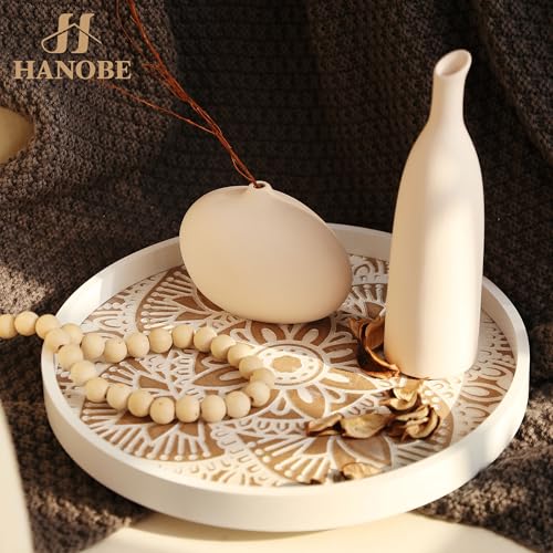 Hanobe Decorative Serving Tray Round: Farmhouse Coffee Table Decor Boho White Mandala Trays for Living Room Kitchen Centerpiece Display - Image 2