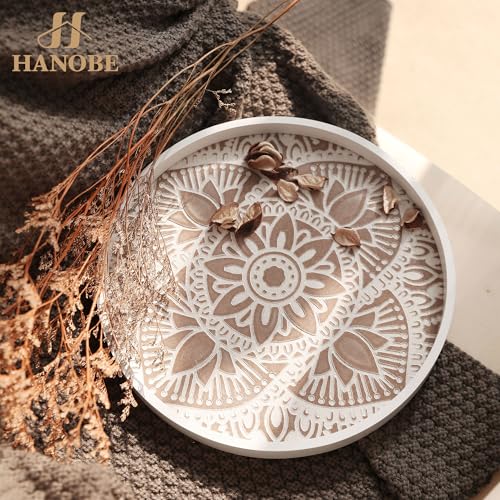 Hanobe Decorative Serving Tray Round: Farmhouse Coffee Table Decor Boho White Mandala Trays for Living Room Kitchen Centerpiece Display - Image 3