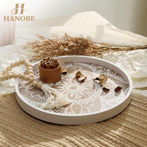 Hanobe Decorative Serving Tray Round: Farmhouse Coffee Table Decor Boho White Mandala Trays for Living Room Kitchen Centerpiece Display - Image 4