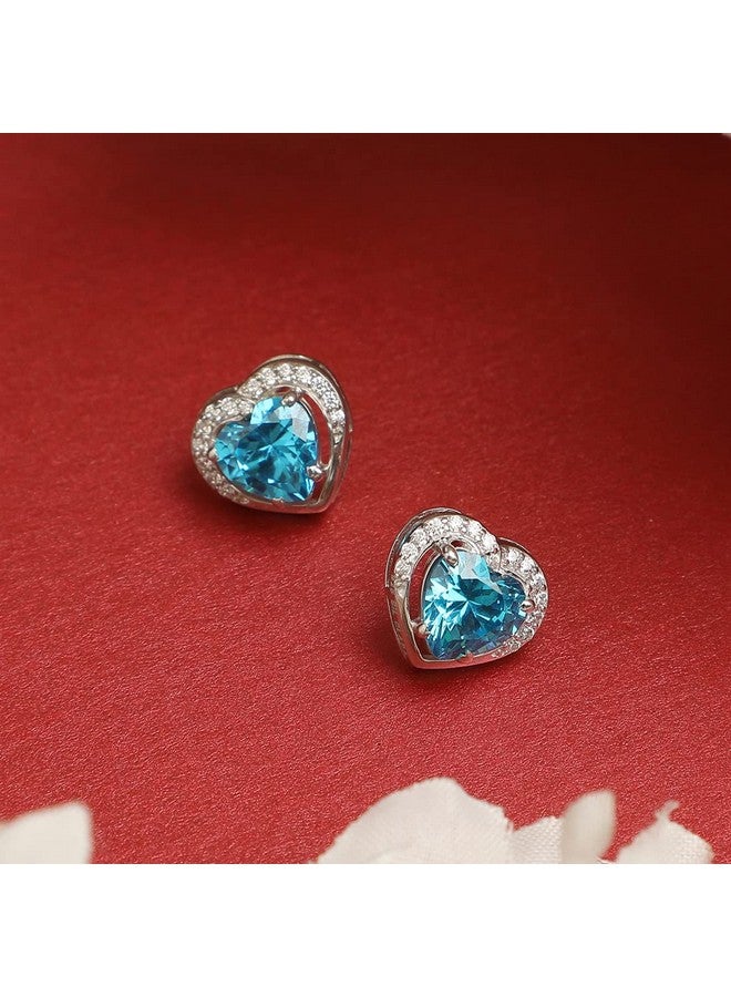 CLARA 925 Sterling Silver Sky Blue Heart Stud Earrings with Screw Back | Rhodium Plated, Swiss Zirconia | Gift for Women & Girls - Image 2