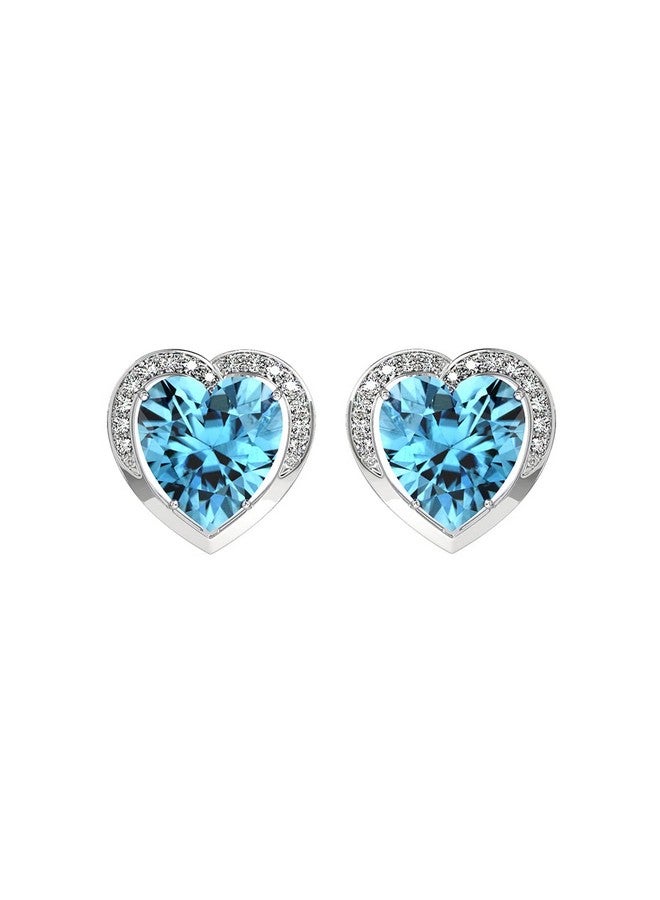 CLARA 925 Sterling Silver Sky Blue Heart Stud Earrings with Screw Back | Rhodium Plated, Swiss Zirconia | Gift for Women & Girls - Image 1