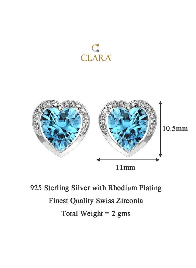 CLARA 925 Sterling Silver Sky Blue Heart Stud Earrings with Screw Back | Rhodium Plated, Swiss Zirconia | Gift for Women & Girls - Image 5