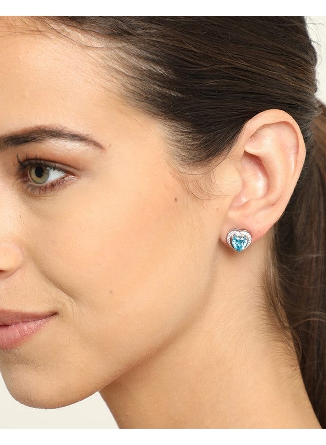 CLARA 925 Sterling Silver Sky Blue Heart Stud Earrings with Screw Back | Rhodium Plated, Swiss Zirconia | Gift for Women & Girls - Image 3