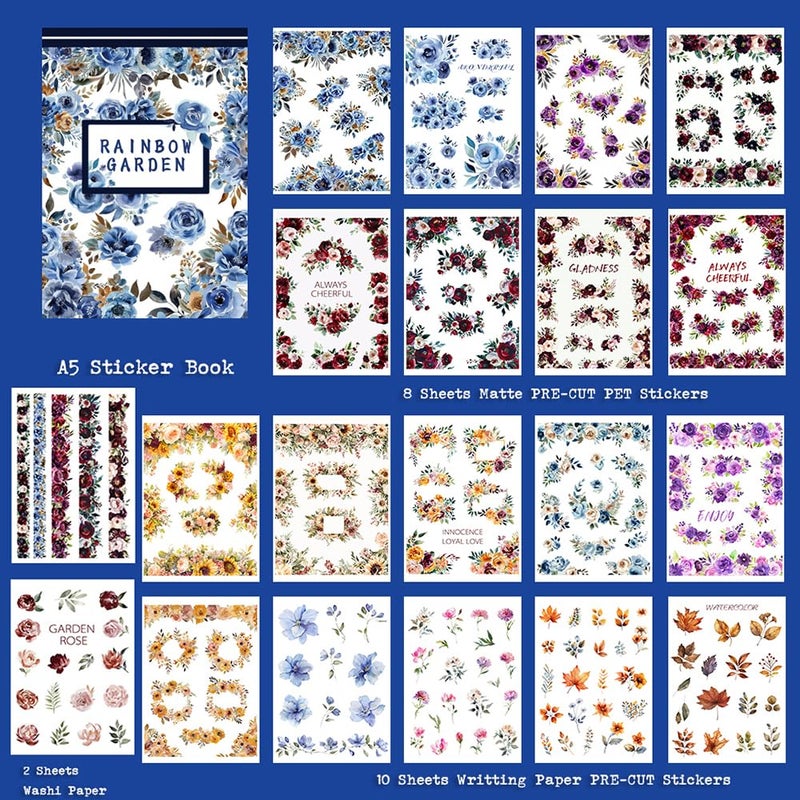 Dwpetzo Vintage Watercolor Flower Stickers, Precut Journal Sticker Book for Junk Journaling, Assorted Materials PET Washi Paper Stickers for Scrapbooking Supplies, Planners, Collage, 20 Sheets, A5 - Image 2