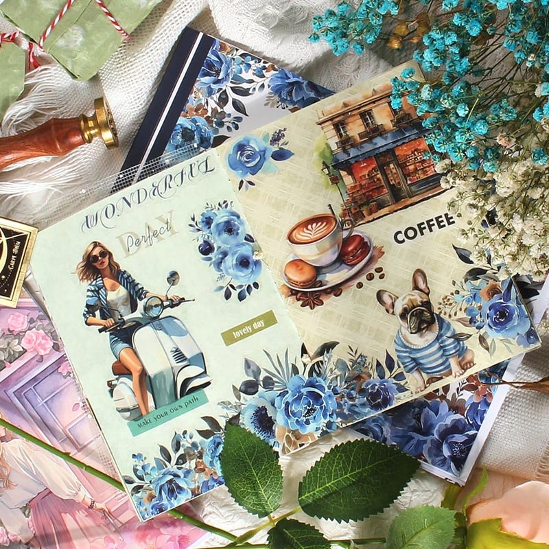 Dwpetzo Vintage Watercolor Flower Stickers, Precut Journal Sticker Book for Junk Journaling, Assorted Materials PET Washi Paper Stickers for Scrapbooking Supplies, Planners, Collage, 20 Sheets, A5 - Image 3