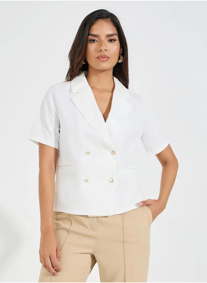 Styli Notch Lapel Neck Blazer Look Top with Button Detail