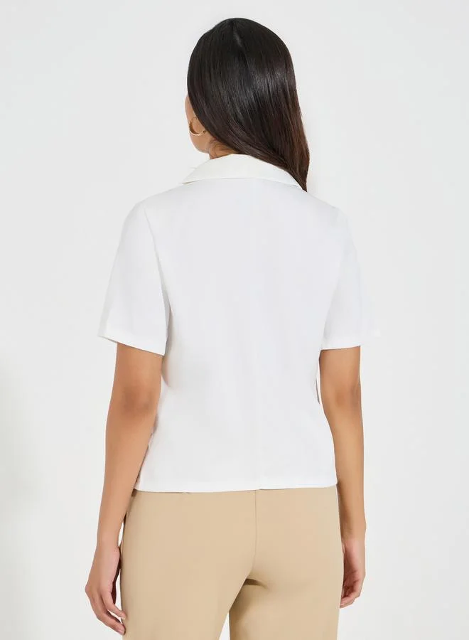 Styli Notch Lapel Neck Blazer Look Top with Button Detail