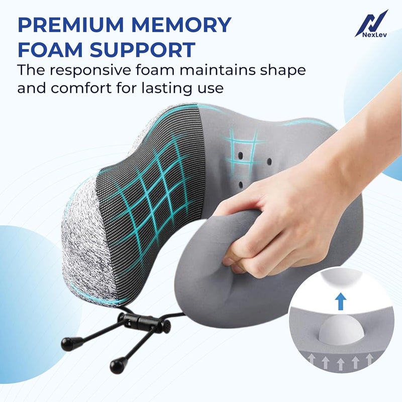 nexlev Nexlev Travel Pillow 100 Pure Memory Foam Comfortable Breathable Cover Machine Washable Carry Pouch for Storage 360degree Support and Curve Design Airplane Car Home Use Light Grey NP02  - Image 2