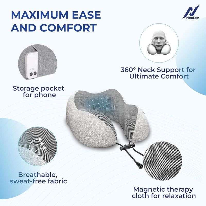 nexlev Nexlev Travel Pillow 100 Pure Memory Foam Comfortable Breathable Cover Machine Washable Carry Pouch for Storage 360degree Support and Curve Design Airplane Car Home Use Light Grey NP02  - Image 3