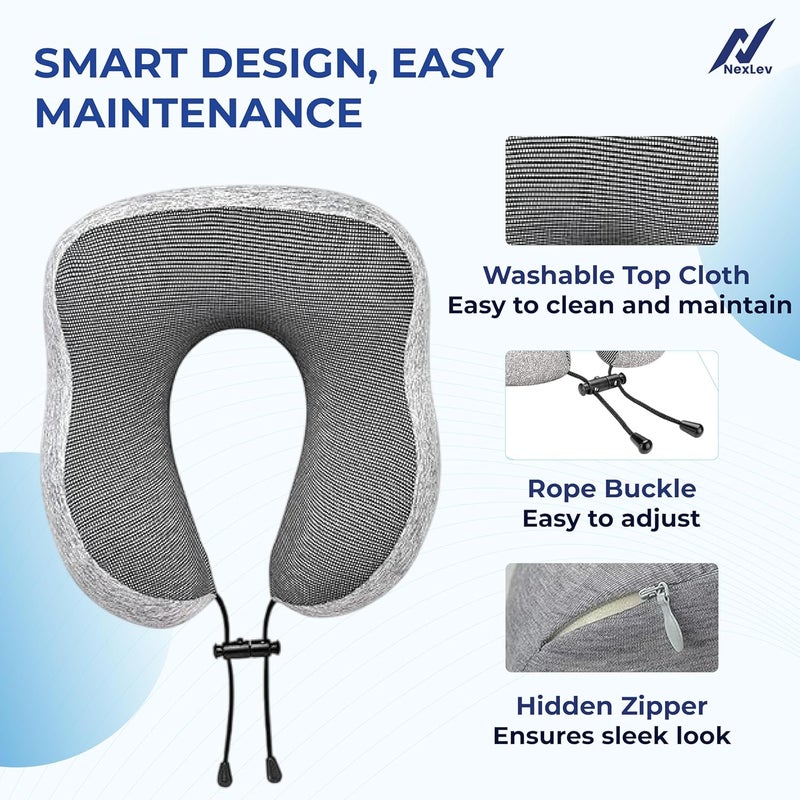 nexlev Nexlev Travel Pillow 100 Pure Memory Foam Comfortable Breathable Cover Machine Washable Carry Pouch for Storage 360degree Support and Curve Design Airplane Car Home Use Light Grey NP02  - Image 4