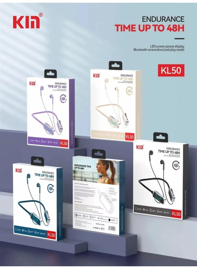 KIN KL50 Bluetooth 5.2 Sports Earphones with LED Power Display, 48H Battery Life, SD Card Playback, Lightweight Neckband, Hi-Fi Stereo Sound, Noise Reduction - Image 4
