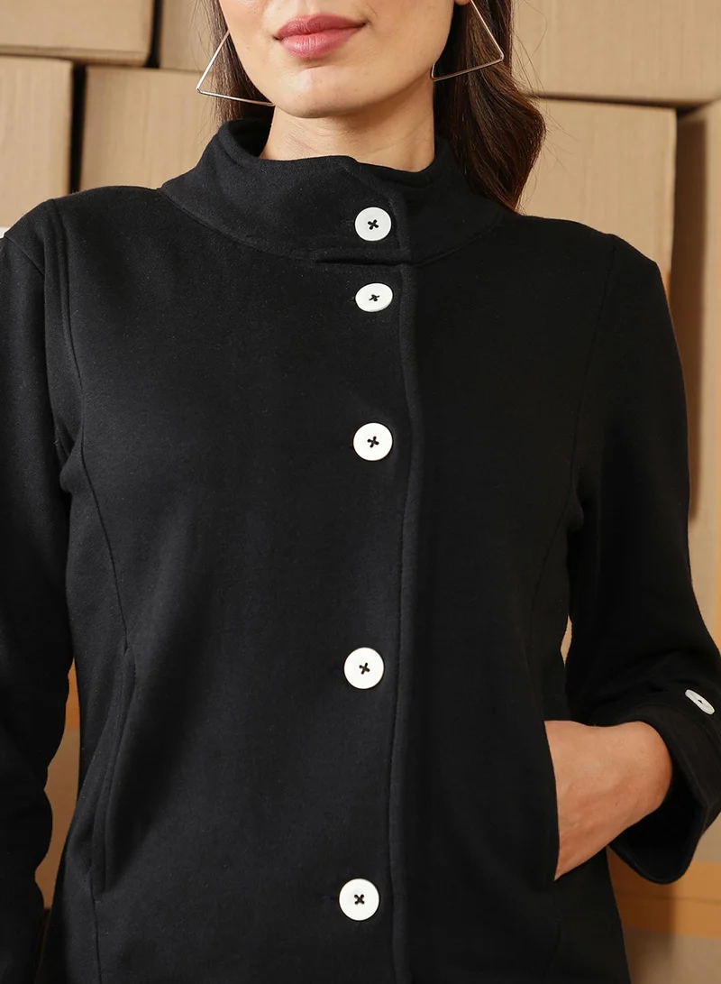 Campus Sutra Women's Onyx Black Solid Knit Jacket