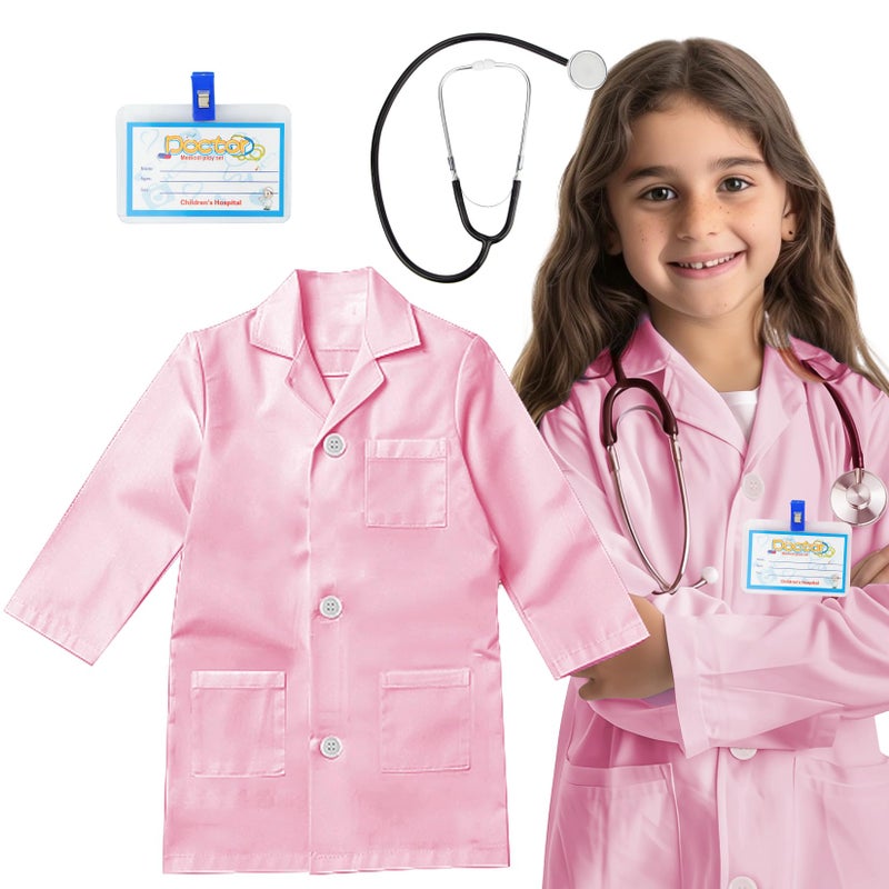 RioRand Kids Doctor Lab Coat Costume with Accessories Role Play for Boys Girls Playset Nurse Costume Age 312 Pink M130CM67Y - Image 3