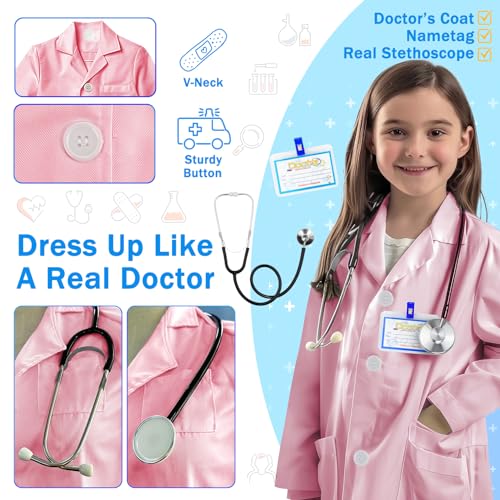 RioRand Kids Doctor Lab Coat Costume with Accessories Role Play for Boys Girls Playset Nurse Costume Age 312 Pink M130CM67Y - Image 5