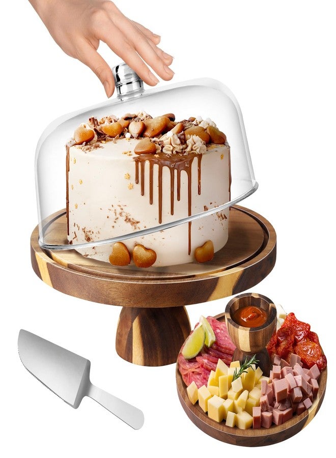 BOTOP Acacia Wood Cake Stand with Lid - 12 Inch Acrylic Dome Cake Cover for Display - 2-in-1 Pedestal Cake Holder & Charcuterie Board - Rustic Wedding Registry Gift & Party Hosting Essentials - Image 1