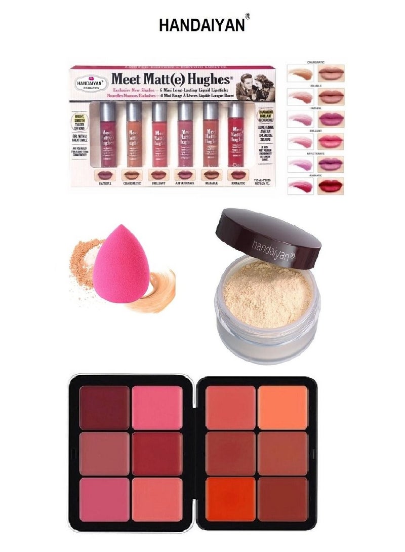 Handaiyan Face Makeup Essentials Set: Sponge + Loose Powder + Blush Palette + Lipstick Set - Image 1