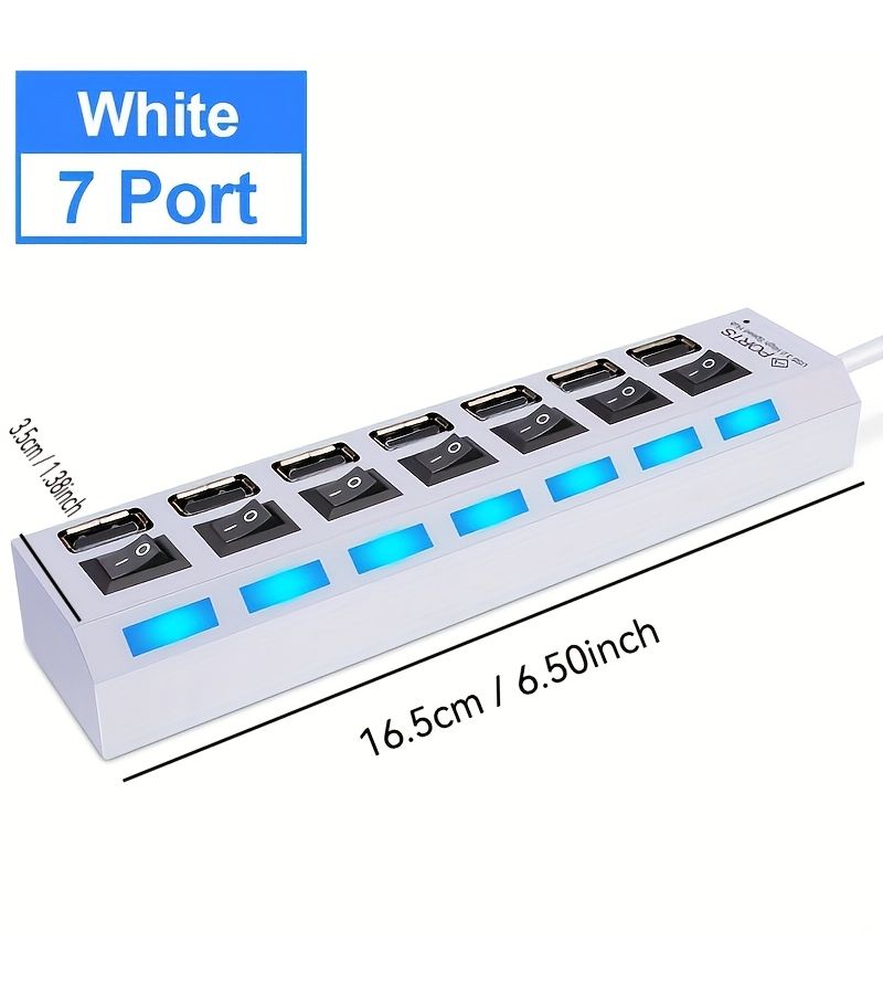 موزع USB 2.0 أبيض بسبعة منافذ مع مؤشر LED ومفتاح طاقة - Image 3