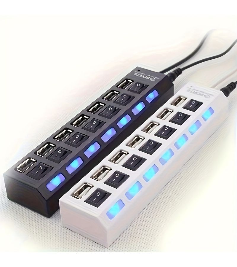 موزع USB 2.0 أبيض بسبعة منافذ مع مؤشر LED ومفتاح طاقة - Image 1