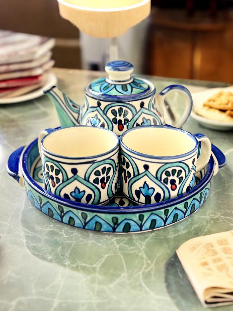 BACKKSPACE RETAIL Hand Painted Ceramic Tea Pot Set - 2 Cups (160ml), Kettle (450ml), and Tray | Elegant Mehrab Pattern| Perfect for Tea Lovers| Microwave & Dishwasher Safe| Ideal Gift Set - Image 2