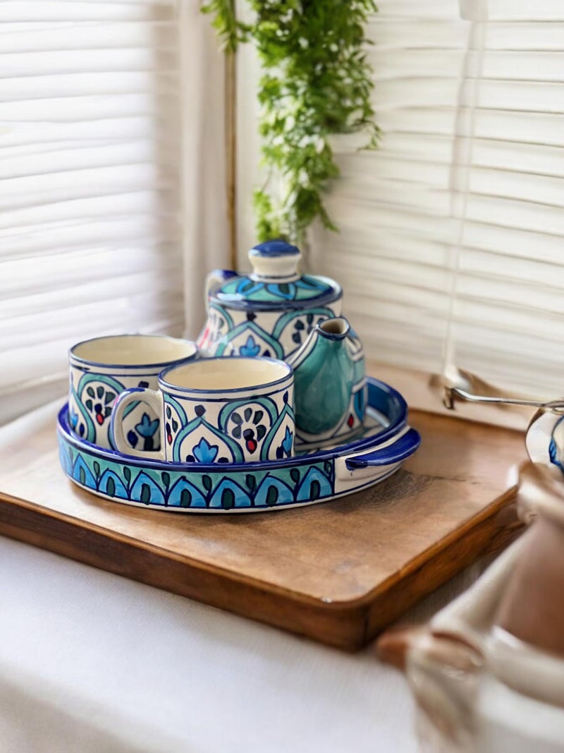 BACKKSPACE RETAIL Hand Painted Ceramic Tea Pot Set - 2 Cups (160ml), Kettle (450ml), and Tray | Elegant Mehrab Pattern| Perfect for Tea Lovers| Microwave & Dishwasher Safe| Ideal Gift Set - Image 3