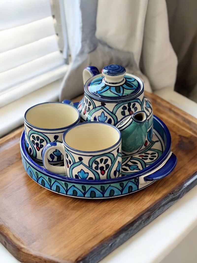 BACKKSPACE RETAIL Hand Painted Ceramic Tea Pot Set - 2 Cups (160ml), Kettle (450ml), and Tray | Elegant Mehrab Pattern| Perfect for Tea Lovers| Microwave & Dishwasher Safe| Ideal Gift Set - Image 1