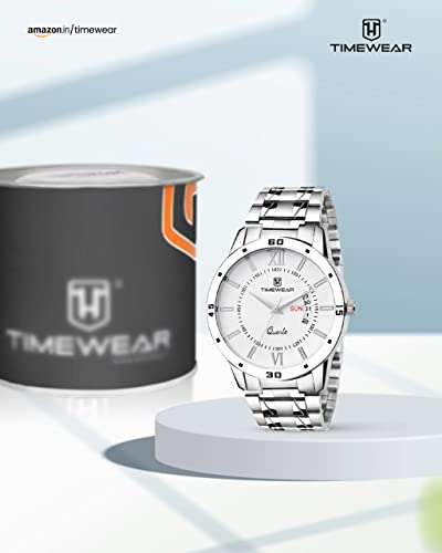 TIMEWEAR Formal Day Date Stainless Steel Watch Collection For Men Analogue Men's Watch(White Dial & Silver Colored Strap)-221Wdtg - Image 2