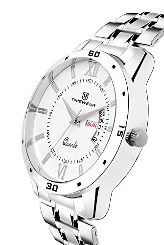 TIMEWEAR Formal Day Date Stainless Steel Watch Collection For Men Analogue Men's Watch(White Dial & Silver Colored Strap)-221Wdtg - Image 3