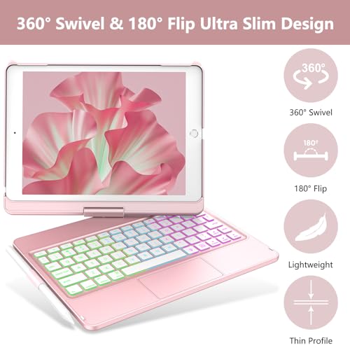 COO Touch Keyboard Case for iPad 10.2" 9th 8th 7th Generation, Multi-Touch & 10 Color Backlit Keys, 360° Rotatable & Pencil Holder, for iPad Air 3rd Gen 10.5" 2019, iPad Pro 10.5" 2017 - Rose Gold - Image 3
