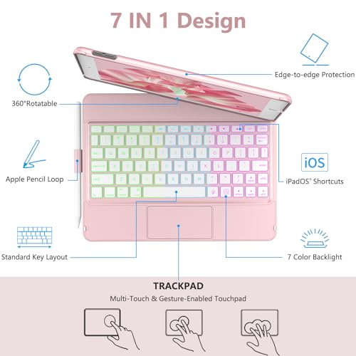 COO Touch Keyboard Case for iPad 10.2" 9th 8th 7th Generation, Multi-Touch & 10 Color Backlit Keys, 360° Rotatable & Pencil Holder, for iPad Air 3rd Gen 10.5" 2019, iPad Pro 10.5" 2017 - Rose Gold - Image 4
