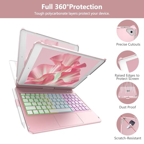 COO Touch Keyboard Case for iPad 10.2" 9th 8th 7th Generation, Multi-Touch & 10 Color Backlit Keys, 360° Rotatable & Pencil Holder, for iPad Air 3rd Gen 10.5" 2019, iPad Pro 10.5" 2017 - Rose Gold - Image 5