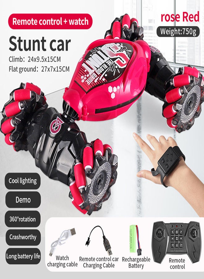 AROAQ Rose Red Remote Control Stunt Car 4WD Stunt Gesture Induction Twisting Off Road 360 Rotation Cool Light Music Drift Traverse Remote Control and Watch Dancing Side Driving Toy  - Image 1