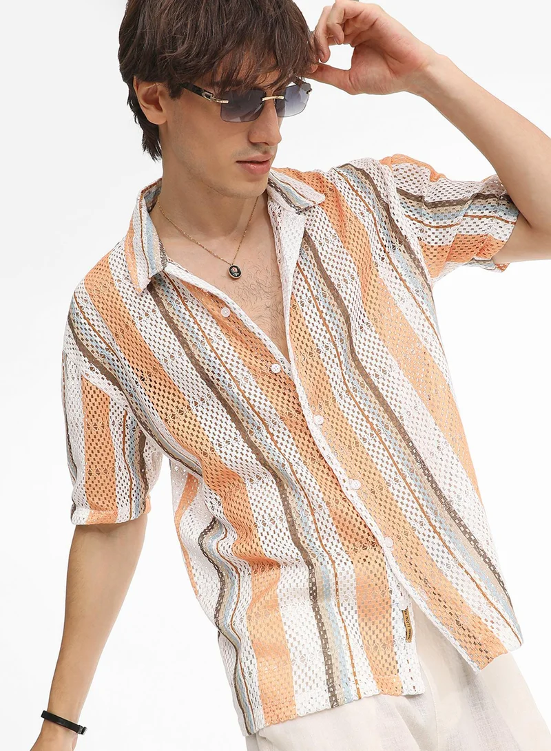 كامبوس سوترا قميص رجالي محبوك كبير الحجم باللون البرتقالي والبيج بياقة كوبية وأكمام قصيرة للاستخدام اليومي