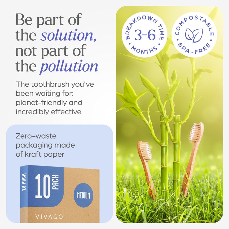 VIVAGO Bamboo Toothbrushes Medium Bristles 10 Pack - BPA Free Medium Bristles Toothbrushes for Adults | Eco-Friendly, Compostable & Biodegradable Toothbrush | Natural Wooden Toothbrushes - Image 3